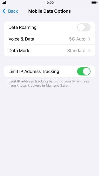 Press the indicator next to 'Data Roaming' to turn the function on or off.