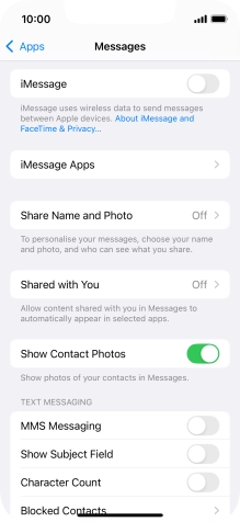 Press the indicator next to 'iMessage' to turn on the function.