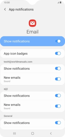 Press the indicator next to 'Show notifications' below the required email account to turn the function on or off.