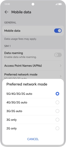 Press the required network mode.