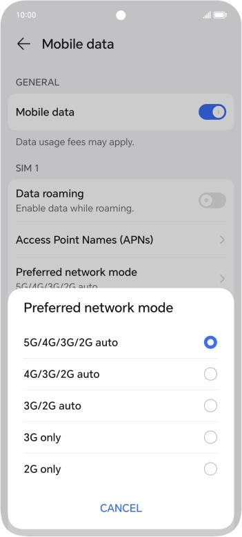 Press the required network mode.