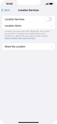 Press the indicator next to 'Location Services' to turn the function on or off.