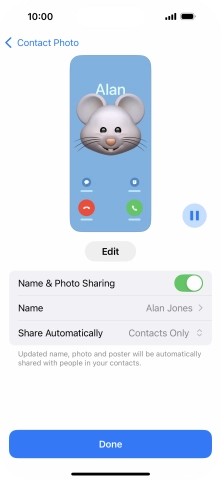 Press the indicator next to 'Name & Photo Sharing' to turn the function on or off.