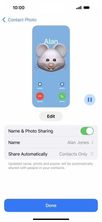Press the indicator next to 'Name & Photo Sharing' to turn the function on or off.