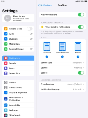 Press the indicator next to 'Allow Notifications' to turn notifications for the selected application on or off.