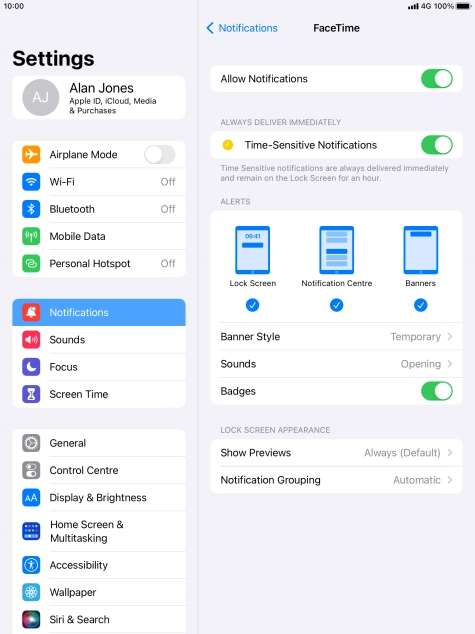 Press the indicator next to 'Allow Notifications' to turn notifications for the selected application on or off.