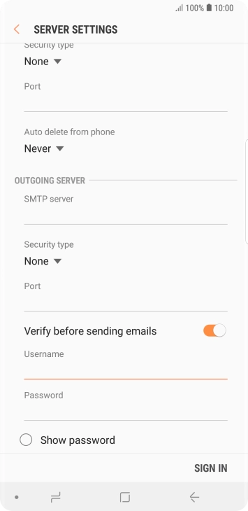 Press the field below 'Password' and key in the password of your email provider's outgoing server.