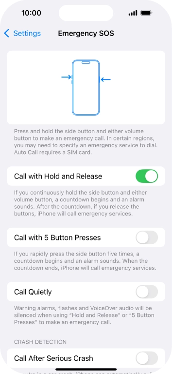 Press the indicator next to 'Call After Serious Crash' to turn on the function.
