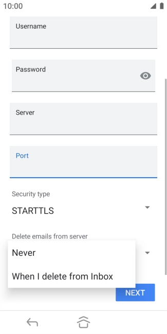 Press Never to keep emails on the server when you delete them on your phone.