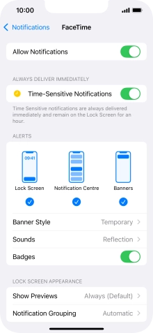 Press the indicator next to 'Allow Notifications' to turn notifications for the selected application on or off.