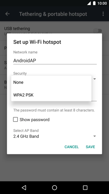 Press WPA2 PSK to password protect your WiFi hotspot.